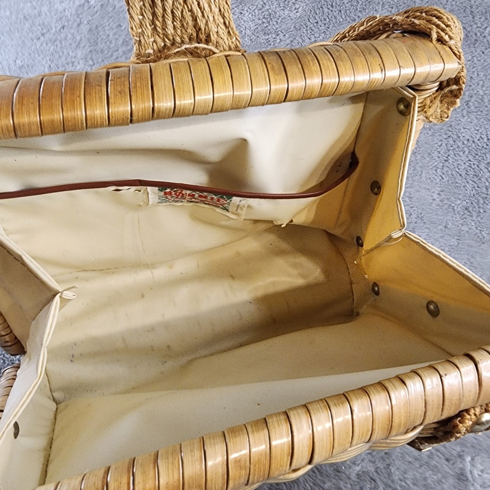 Vintage Bonnie International Wicker Box Handbag Tan Woven Purse Gold Hardware - Picture 6 of 10